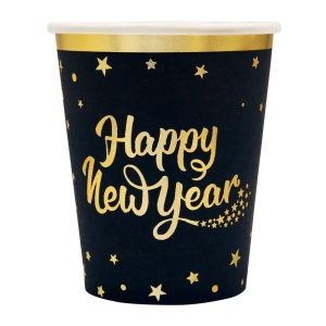 Kubeczki papierowe na Sylwestra Happy New Year czarne 220 ml 6 szt