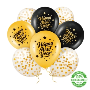 Balony Happy New Year czarno-złote 27 cm 12 cali 8 szt