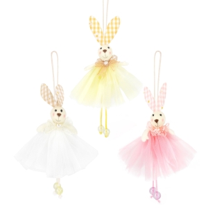 Dekoracje wielkanocne Zawieszki zajączki w kolorowych spódniczkach 1 szt