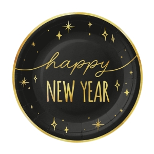 Talerzyki papierowe Happy New Year czarno-złote 18 cm 6 szt