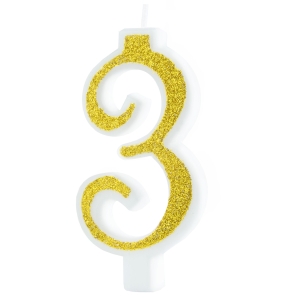Świeczka cyfra 3 złota z brokatem mała