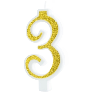 Świeczka cyfra 3 złota z brokatem duża