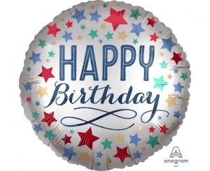 Balon foliowy Happy Birthday satin stars okrągły 18 cali