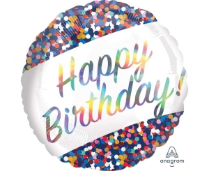 Balon foliowy Happy Birthday holo confetti okrągły 18 cali