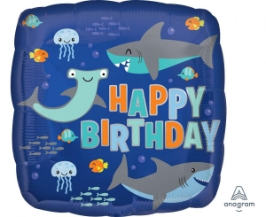 Balon foliowy kwadrat Happy birthday sharks 18 cali