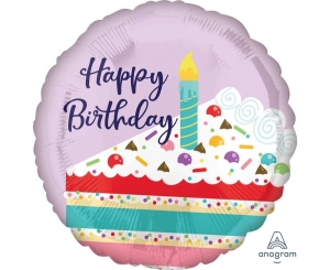 Balon foliowy Happy Birthday Purple Confetti Cake okrągły 18 cali