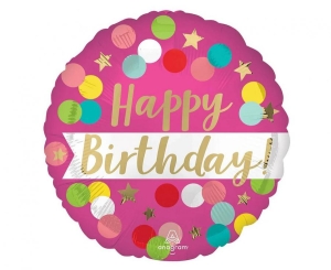 Balon foliowy Happy Birthday pink confetti okrągły 18 cali