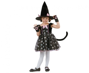 Strój Kotek Czarownica (kapelusz sukienka z ogonem rękawiczki) rozm. 92/104 cm