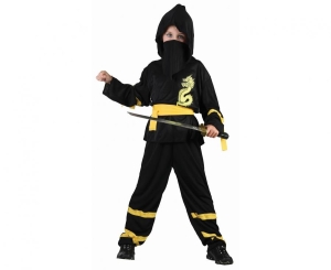 Strój dla dzieci Czarny Ninja (bluzka z kapturem pasek maska spodnie) rozm.130/140 cm