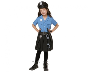 Strój dla dzieci Niebieska Policjantka (bluzka spódnica pasek czapka kajdanki krótkofalówka pałka) rozm. 110/120 cm