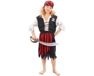 Strój dla dzieci Pasiasta Piratka (bluzka z kamizelką spódnica pasek chusta) rozm.130/140 cm