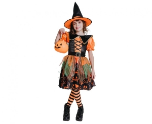 Strój dla dzieci Dyniowa Czarownica (sukienka kapelusz pasek kołnierz) rozm. 110/120 cm