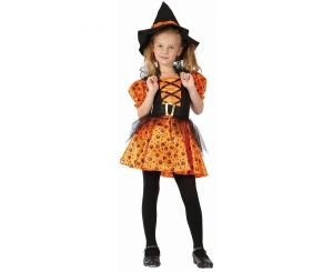 Strój dla dzieci Pomarańczowa Czarownica (sukienka kapelusz pasek) rozm. 120/130 cm