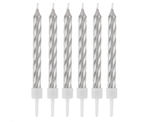 Świeczki z podstawkami zakręcone srebrne 8 cm 12 szt