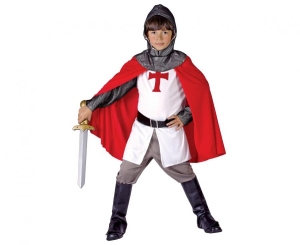 Strój dla dzieci Rycerz Krzyżak (bluzka z paskiem spodnie peleryna nakładki na buty kaptur) rozm.130/140 cm