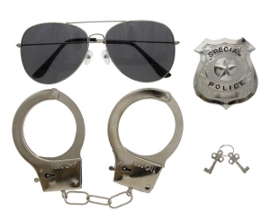 Zestaw gadżetów do stroju Policjanta (kajdanki odznaka okulary)