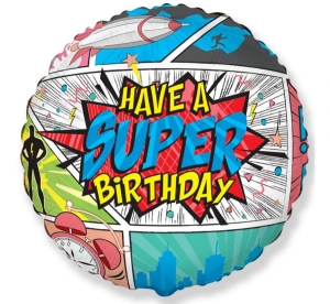 Balon foliowy Super Birthday- COMIC okrągły 18 cali