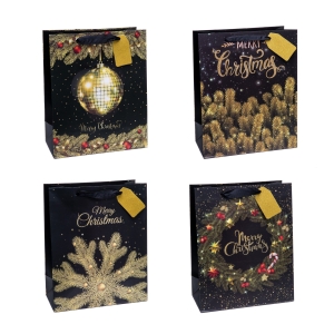Torebka na prezenty Merry Christmas czarno-złota średnia 1 szt