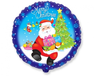 Balon foliowy 18 cali - "Merry Christmas - Mikołaj z prezentami" (okrągły) pakowany