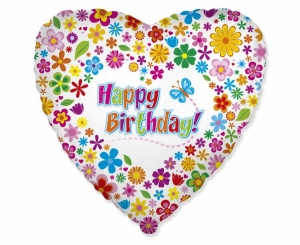 Balon foliowy 18 cali - Happy Birthday (z kwiatuszkami) pakowany