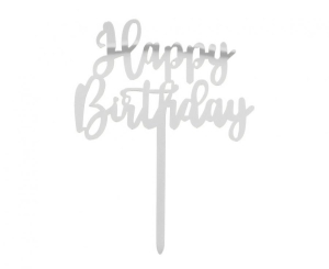 Dekoracja na tort Happy Birthday srebrna 15 5 x 11 cm