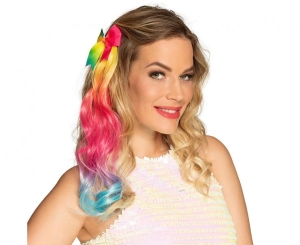 Przypinka z kokardką tęczowe włosy