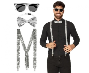 Zestaw imprezowy dla mężczyzny (okulary muszka szelki) srebrny