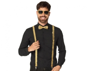 Zestaw imprezowy dla mężczyzny (okulary muszka szelki) złoty