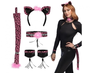 Zestaw Różowy Gepard (opaska choker 2 bransoletki ogon)