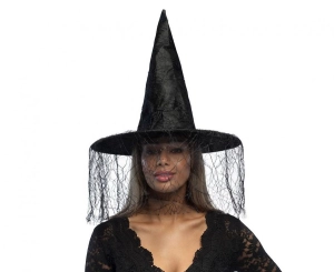 Kapelusz czarownicy z woalką czarny