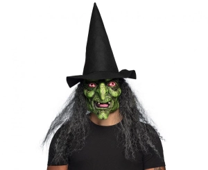 Maska lateksowa Czarownica Lucinda (z włosami i kapeluszem)