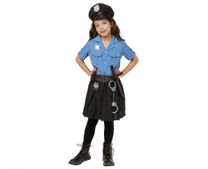 Strój dla dzieci Niebieska Policjantka (bluzka spódnica pasek czapka kajdanki krótkofalówka pałka) rozm. 120/130 cm