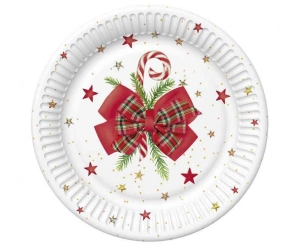 Talerzyki papierowe Checked Bow with Candy Cane 18 cm 8 szt