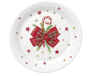 Talerzyki papierowe Checked Bow with Candy Cane 22 cm 8 szt