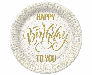 Talerzyki papierowe Happy Birthday Dotted Gold 18 cm 8 szt