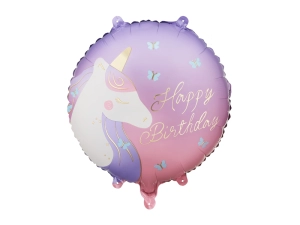 Balon foliowy pastylka Happy Birthday z jednorożcem  35 cm x 35 cm