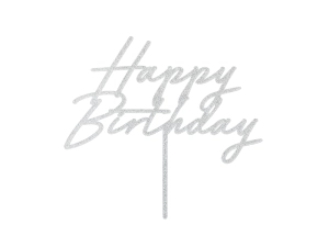 Topper akrylowy na tort Happy Birthday 18x16.5 cm srebrny brokatowy