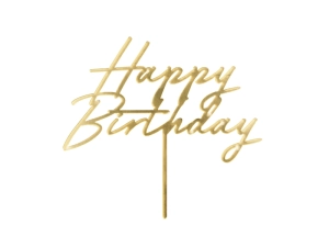 Topper akrylowy na tort Happy Birthday 18x16.5 cm złoty