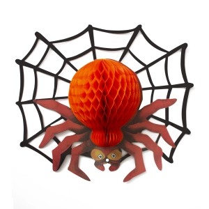 Dekoracja wisząca Halloween Pająk honeycomb czerwona 38x42cm