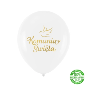 Balony komunijne biodegradowalne Komunia Święta biało-złote 12cali 100szt.