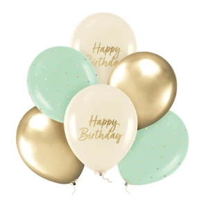 Balony Happy Birthday zielone, beżowe i złote 12cali 6szt. zestaw