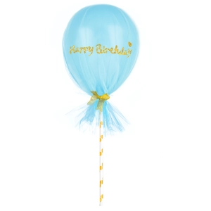 Balon Happy Birthday niebieski z tiulem 5cali zestaw