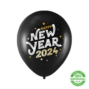 Balony biodegradowalne Happy New Year 2024 czarne 12cali 100szt.