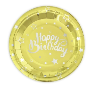 Talerzyk papierowy Happy Birthday złoty 9cali 6szt.