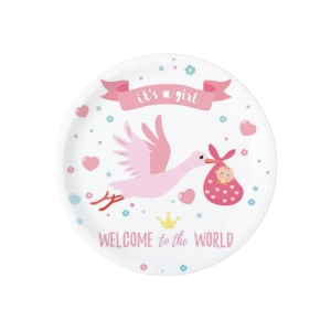 Talerzyk papierowy Baby Shower Bocian różowy 7cali 6szt.