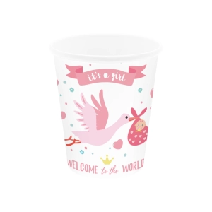 Kubek Baby Shower Bocian różowy 220ml 6szt.