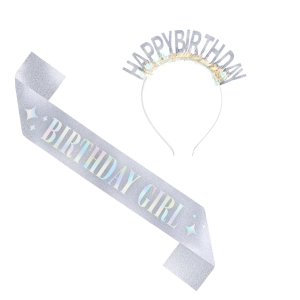 Szarfa i opaska urodzinowa Happy Birthday srebrna - zestaw