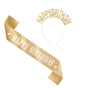 Szarfa i opaska urodzinowa Happy Birthday złota - zestaw