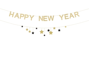 Baner Happy New Year z gwiazdkami, 300 cm, złoty