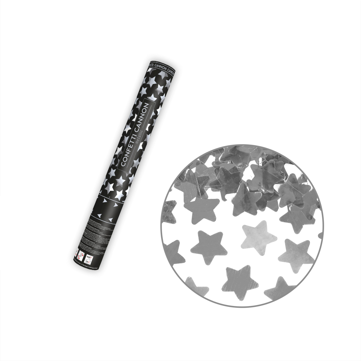 Tuba strzelająca konfetti srebrne gwiazdki 40 cm